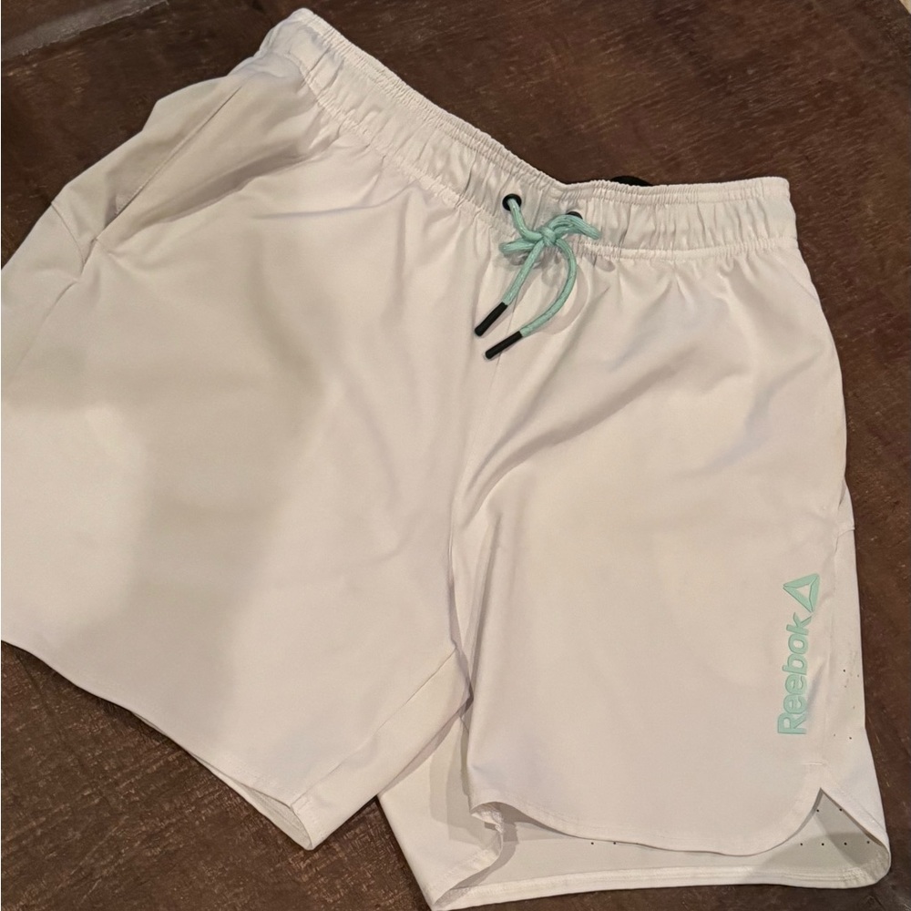 Reebok White and Teal Athletic Shorts